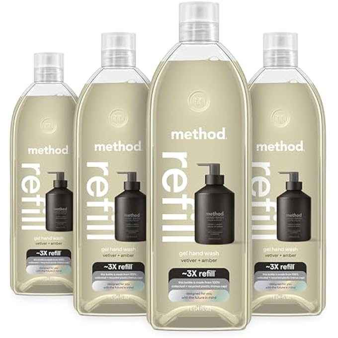 Method PREMIUM GEL HAND WASH REFILL, VETIVER + AMBER, RECYCLABLE BOTTLES, BIODEGRADABLE FORMULA, 34 FL OZ (PACK OF 4) - Image 1